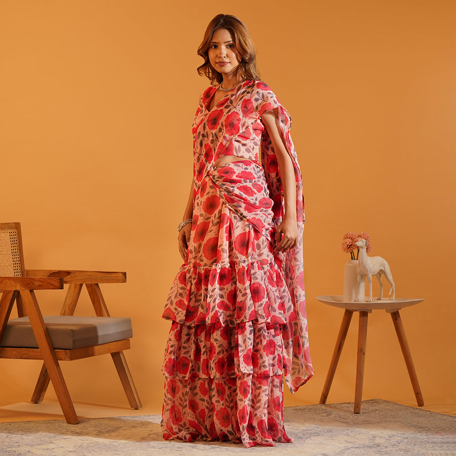 Poppy Paradise Pre-Draped Lehenga Saree in Soft Georgette