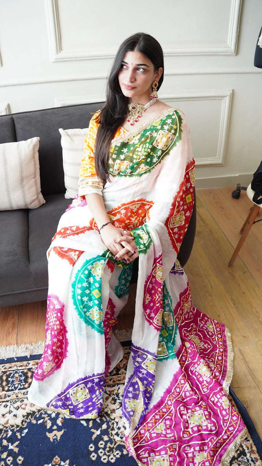 Baisa’s Grace - Heavy Aangi Blouse & Multicolour Chiffon Bandhani Saree