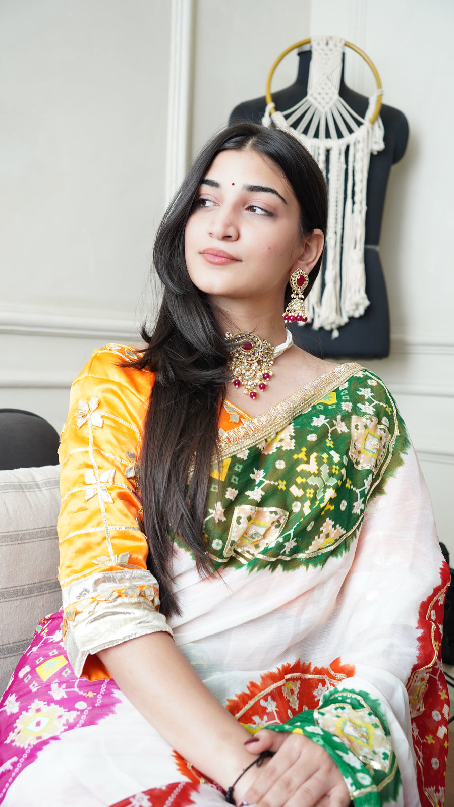 Baisa’s Grace - Heavy Aangi Blouse & Multicolour Chiffon Bandhani Saree