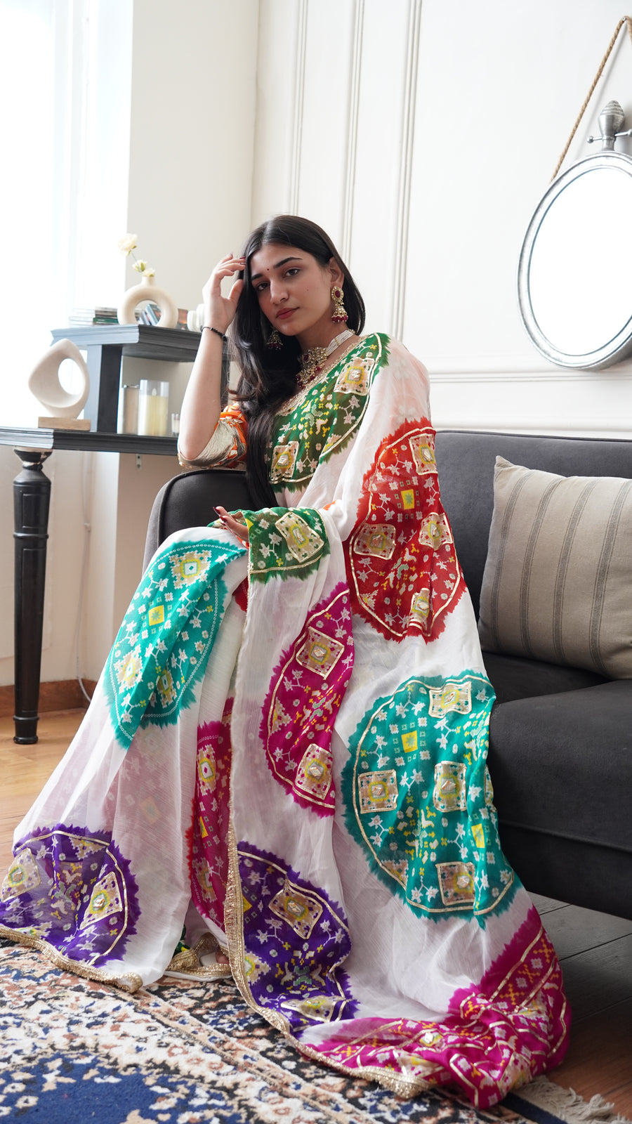 Baisa’s Grace - Heavy Aangi Blouse & Multicolour Chiffon Bandhani Saree