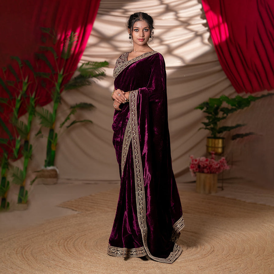 Noor-e-Shaam - Velvet Saree with Antique Gold Work