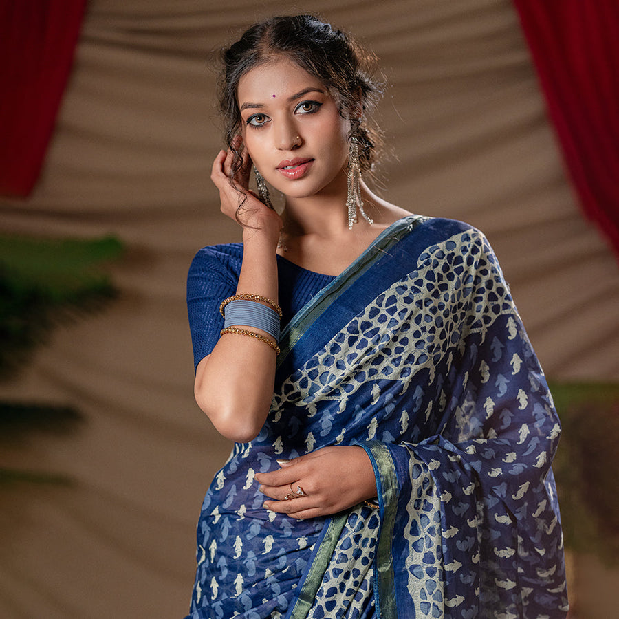 Indigo Vriksha - kairi buti hand-blocked cotton saree