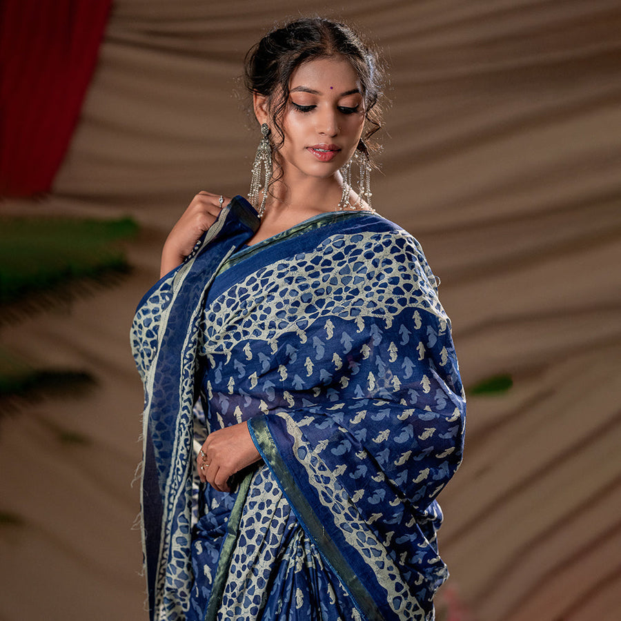 Indigo Vriksha - kairi buti hand-blocked cotton saree
