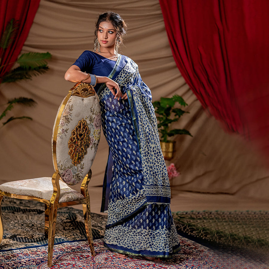 Indigo Vriksha - kairi buti hand-blocked cotton saree