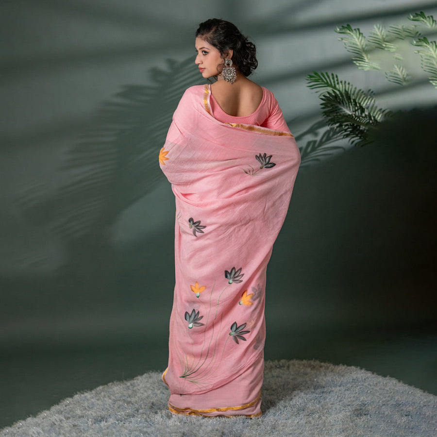 Aura of Art - Blush Pink Hand-Painted Cotton Saree