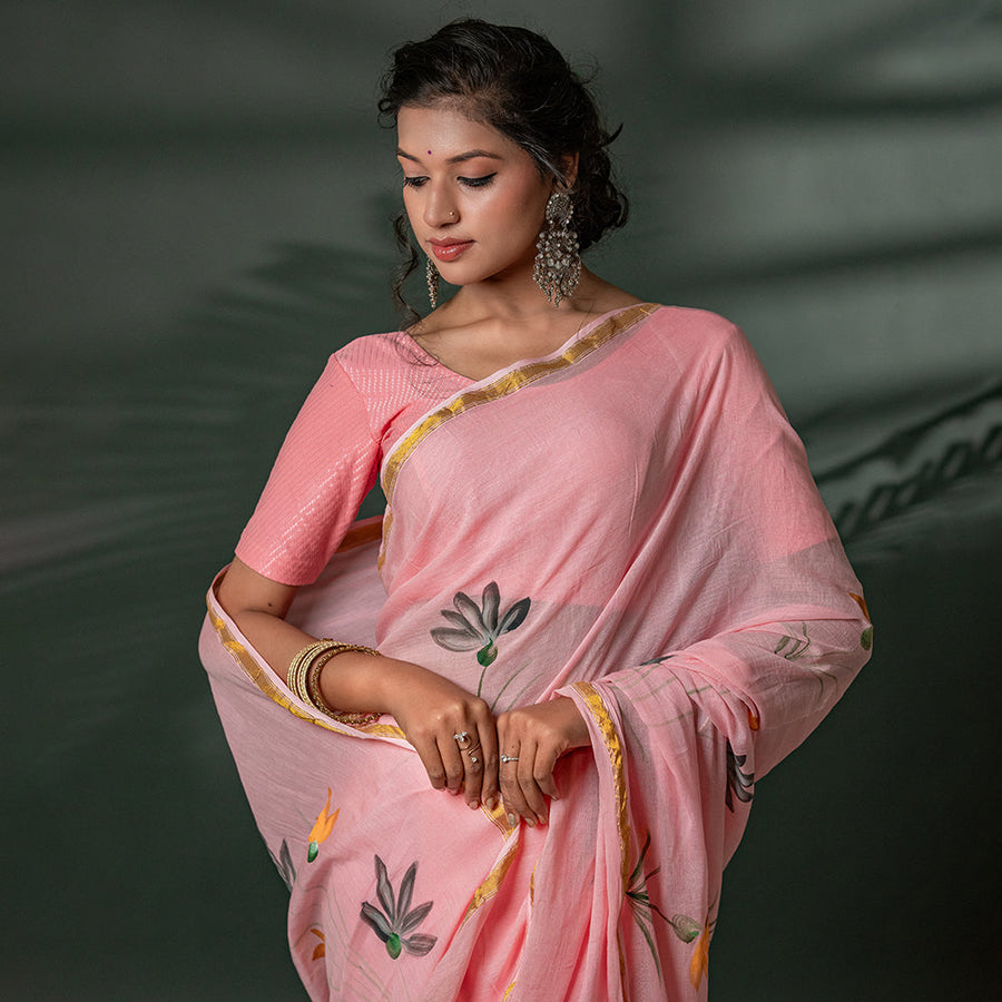 Aura of Art - Blush Pink Hand-Painted Cotton Saree