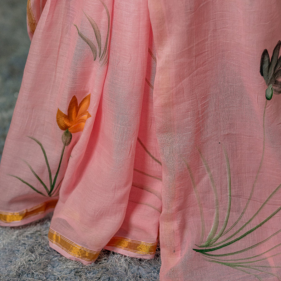 Aura of Art - Blush Pink Hand-Painted Cotton Saree