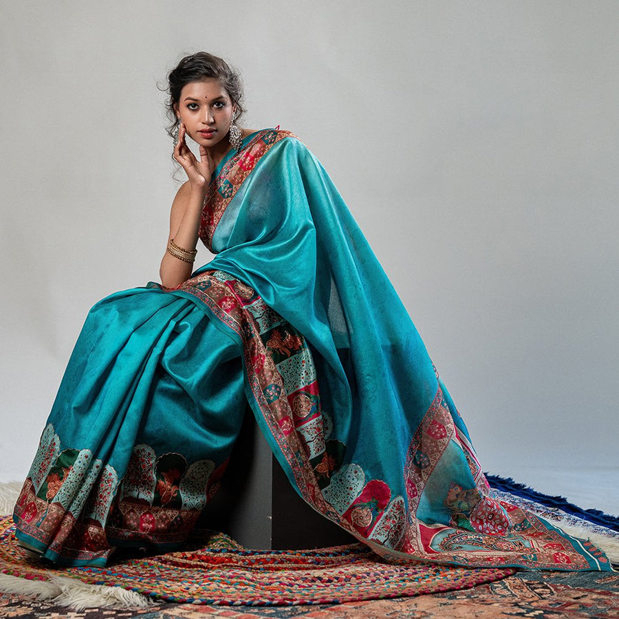 Cyan Chic - Digital Print Zarna Silk Drape