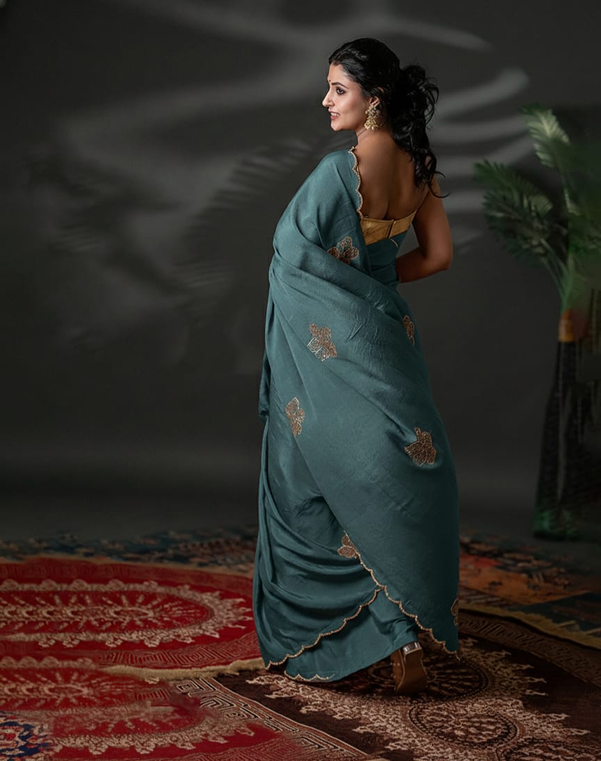 The Glace Flora - Scalloped Satin Crush Saree
