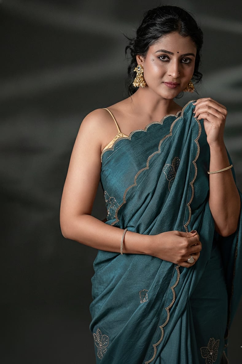 The Glace Flora - Scalloped Satin Crush Saree