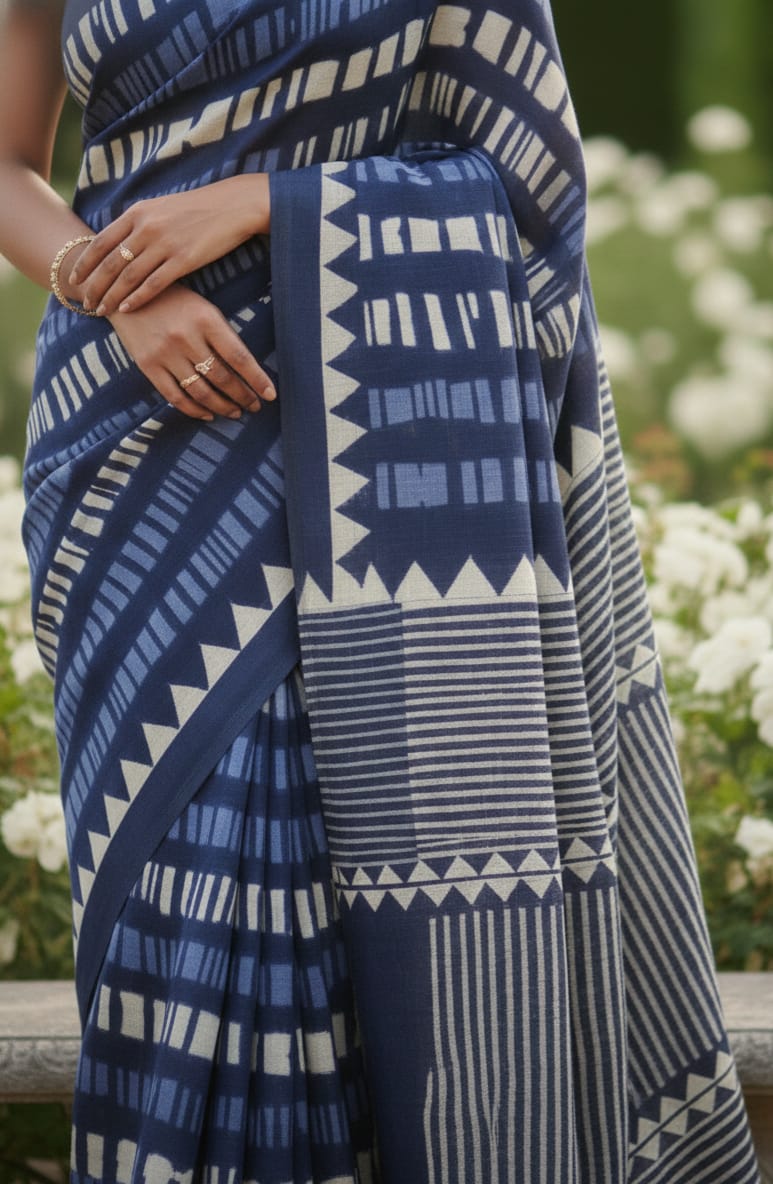 The Indigo Rhythm - Contemporary Dabu Printed Cotton Saree