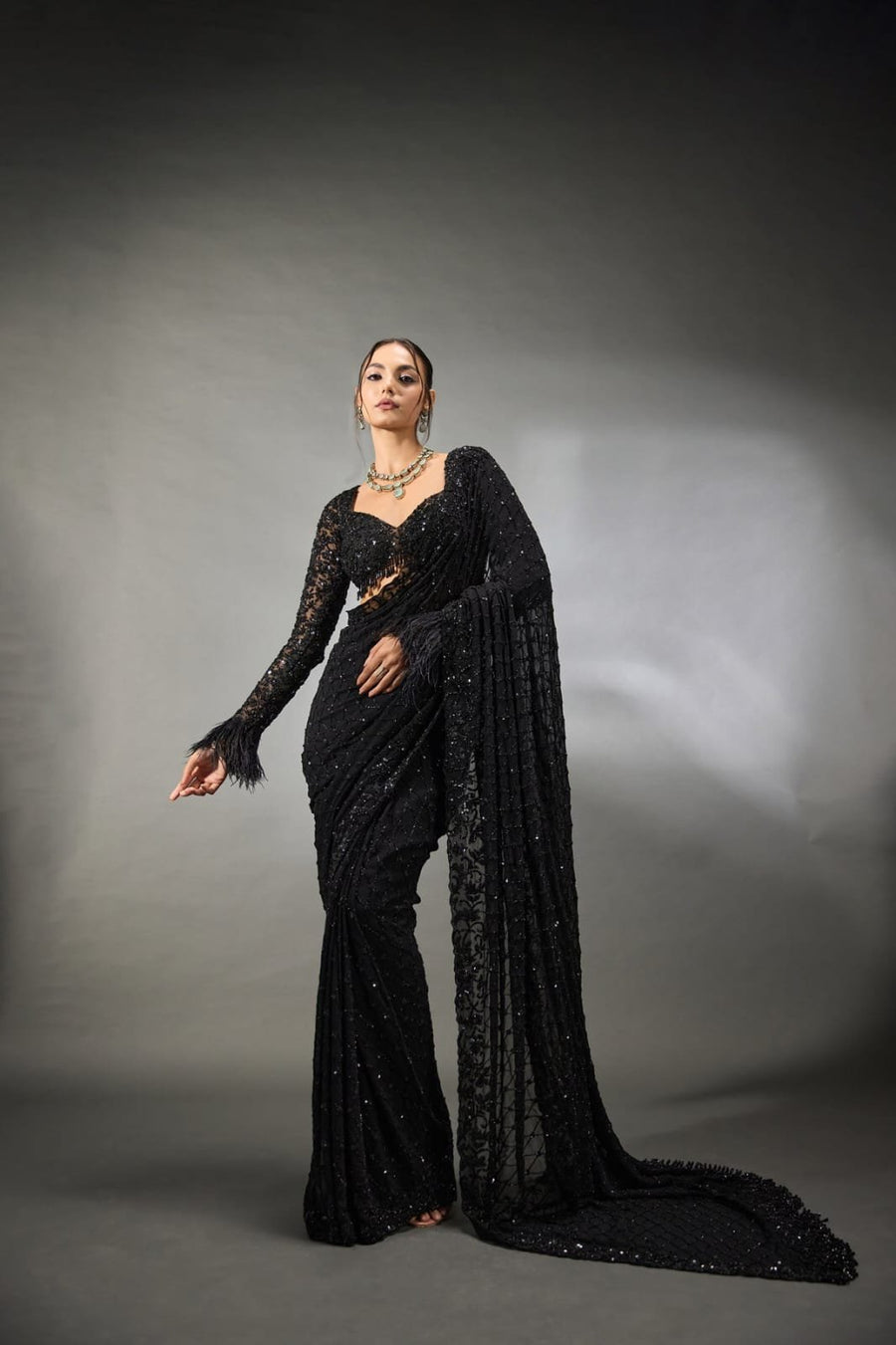 Starry Night - Georgette Saree with Zalar Attached in Pallu