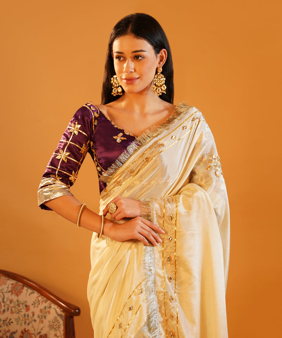 Rang-e-Aangi - Deep Violet Aangi Blouse & Ivory Chinon Gota Patti Saree