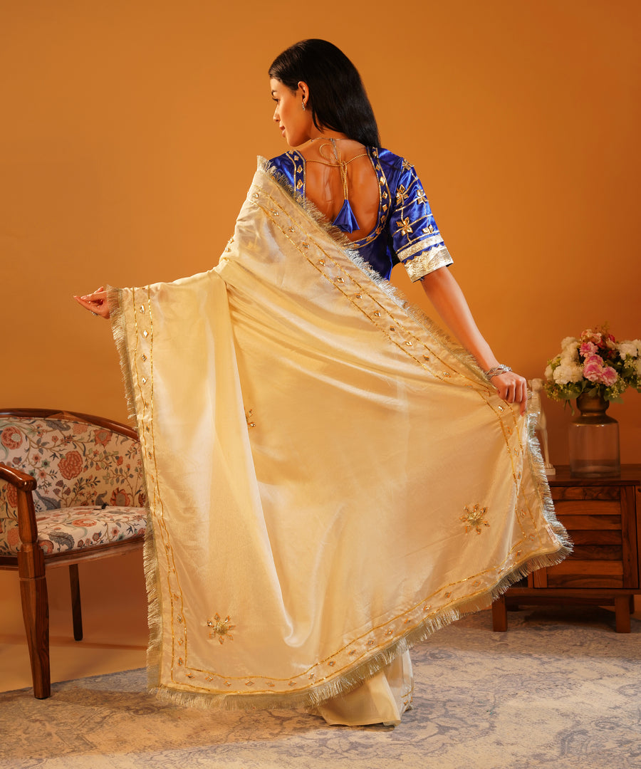Rang-e-Aangi - Royal Blue Satin Aangi Blouse & Ivory Chinon Gota Patti Saree