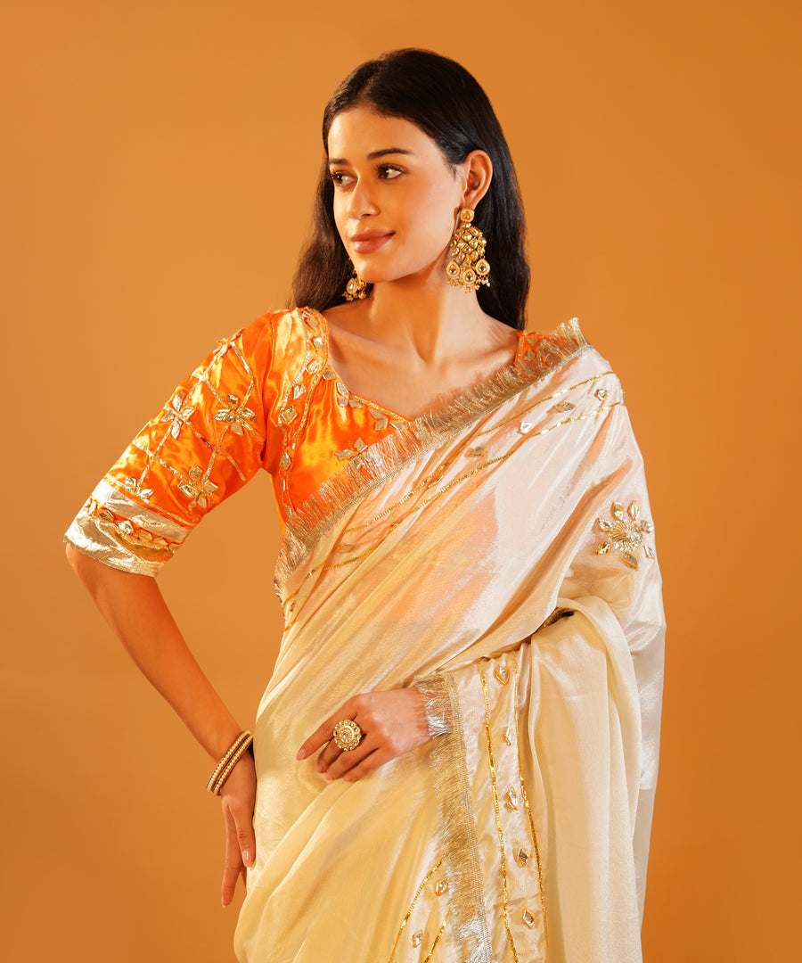 Rang-e-Aangi - Tangerine Orange Aangi Blouse & Ivory Chinon Gota Patti Saree