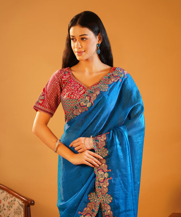 Mayur Pankh - Crushed Silk Saree with Contrast Embroidered Blouse