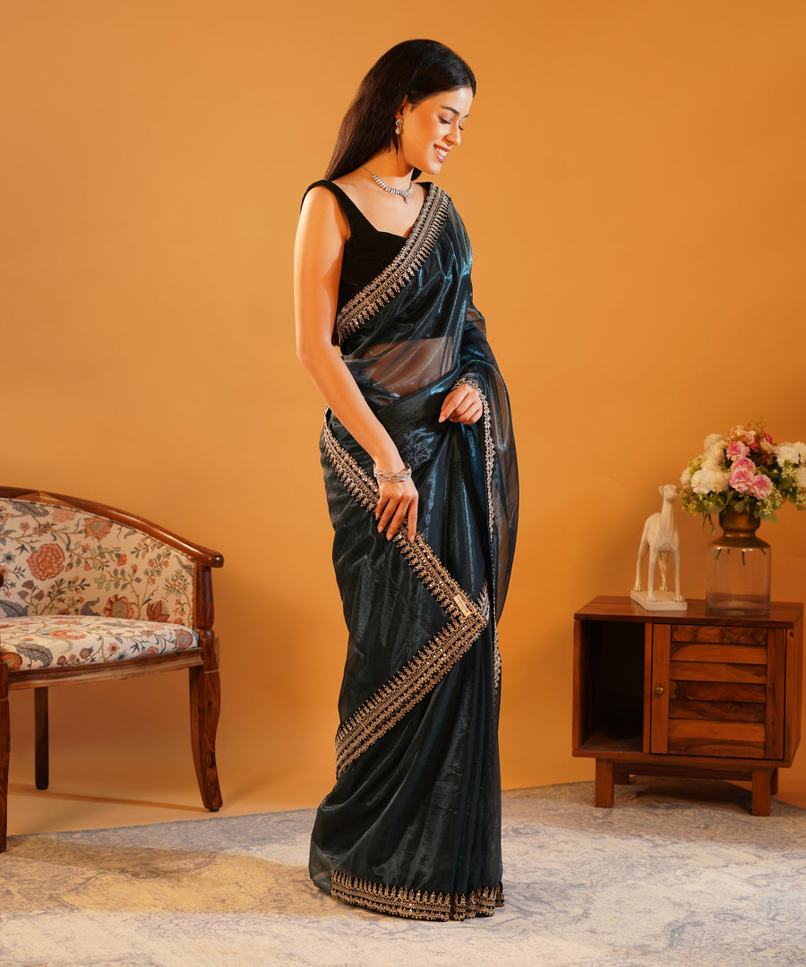 Band Baaja & Bling - Soft Twill Net Saree with Jari Dori Sequins Embroidered Velvet Border