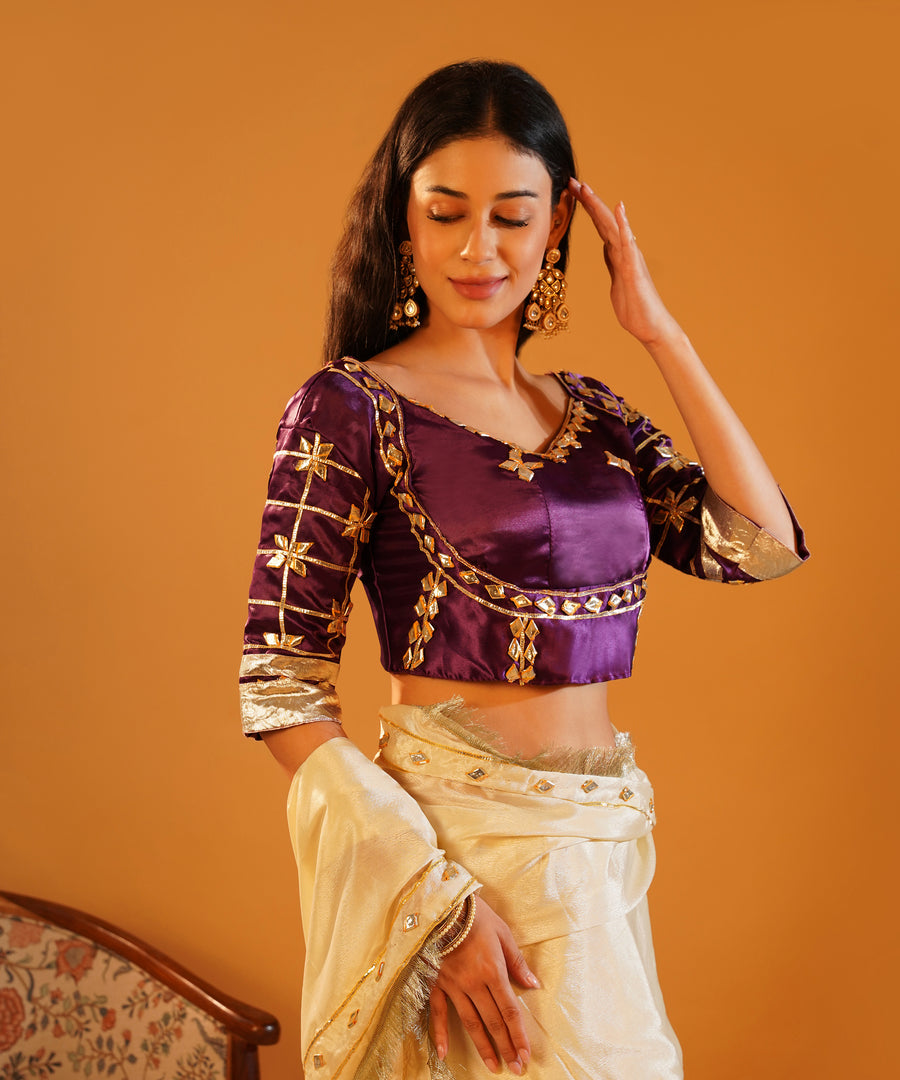 Rang-e-Aangi - Deep Violet Aangi Blouse & Ivory Chinon Gota Patti Saree