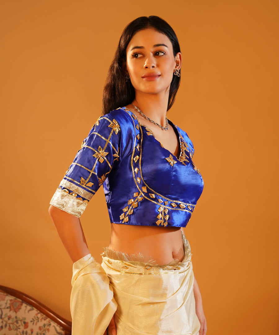 Rang-e-Aangi - Royal Blue Satin Aangi Blouse & Ivory Chinon Gota Patti Saree