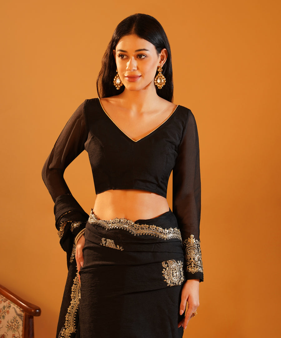 Midnight Black - Rangoli Crush Silk Saree with Gold Zari & Sequins Cutwork Border
