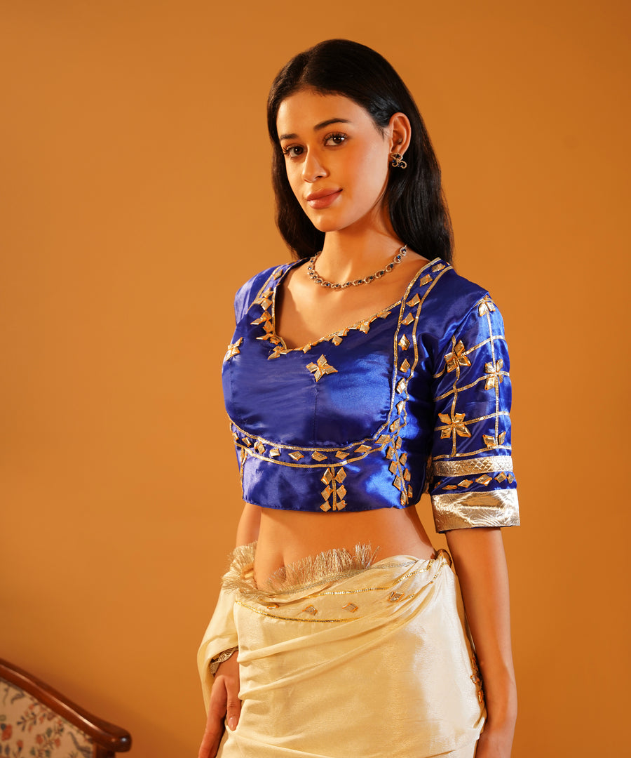 Rang-e-Aangi - Royal Blue Satin Aangi Blouse & Ivory Chinon Gota Patti Saree