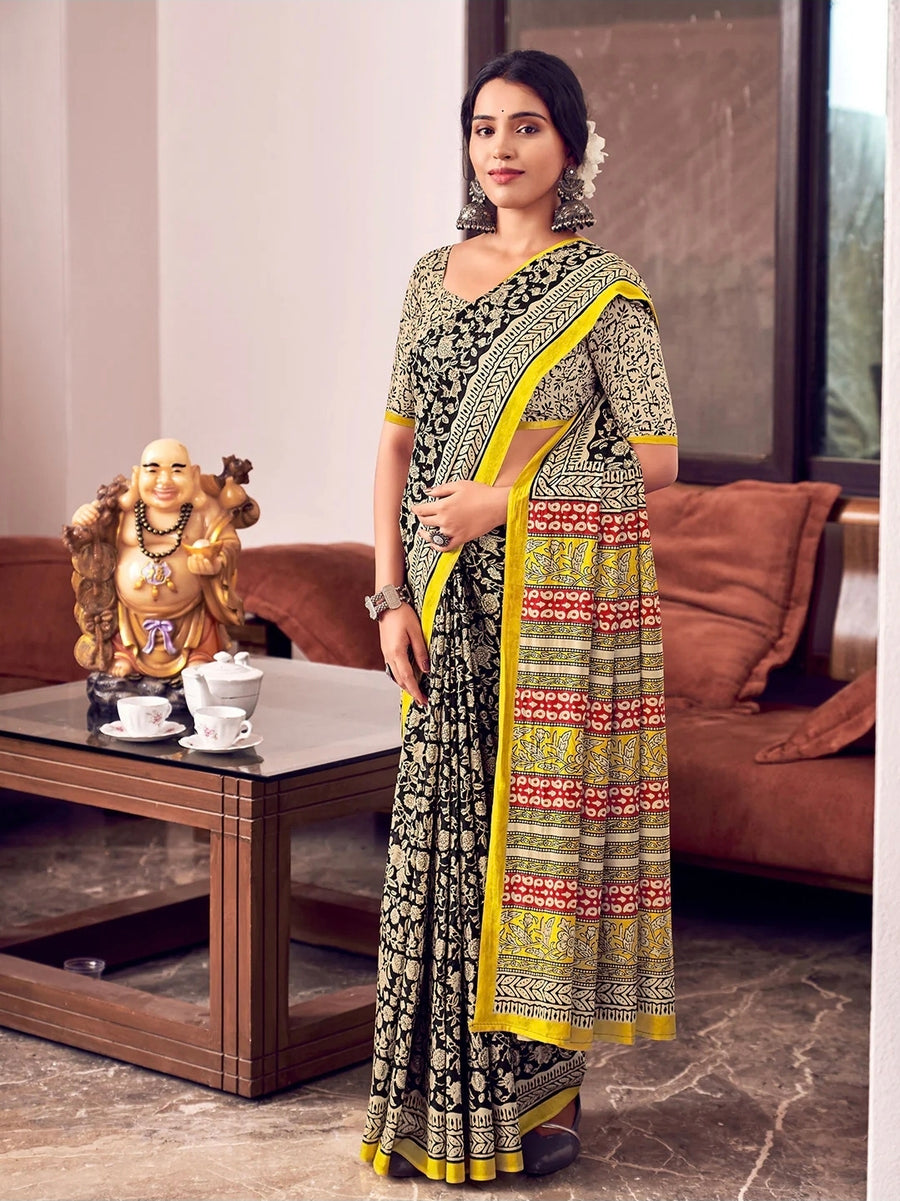 Surajmukhi - Black & Yellow Floral Cotton Drape