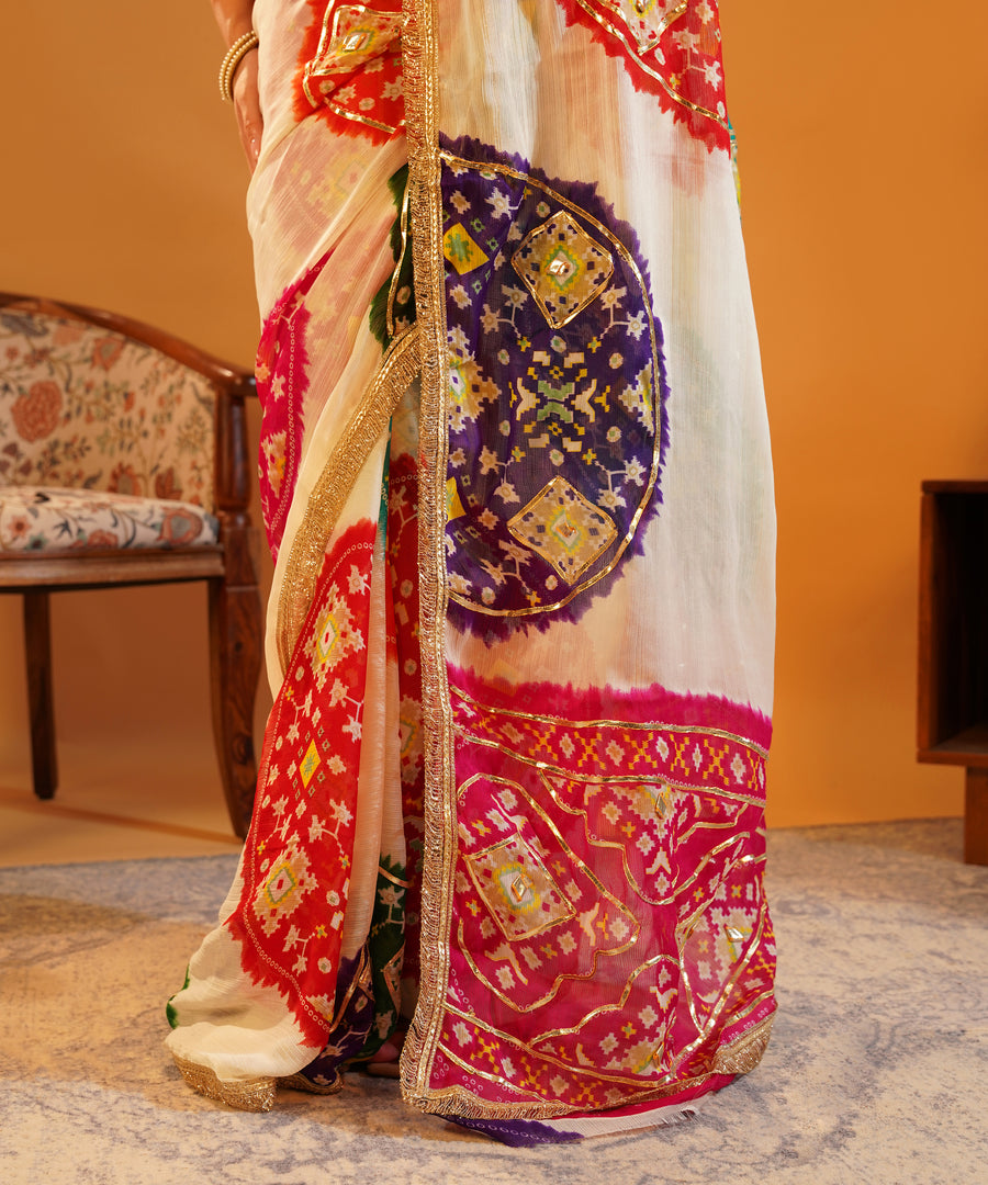 Baisa’s Grace - Heavy Aangi Blouse & Multicolour Chiffon Bandhani Saree