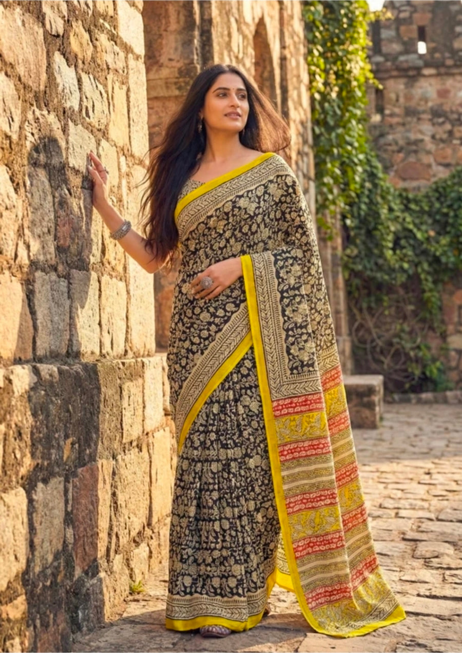 Surajmukhi - Black & Yellow Floral Cotton Drape