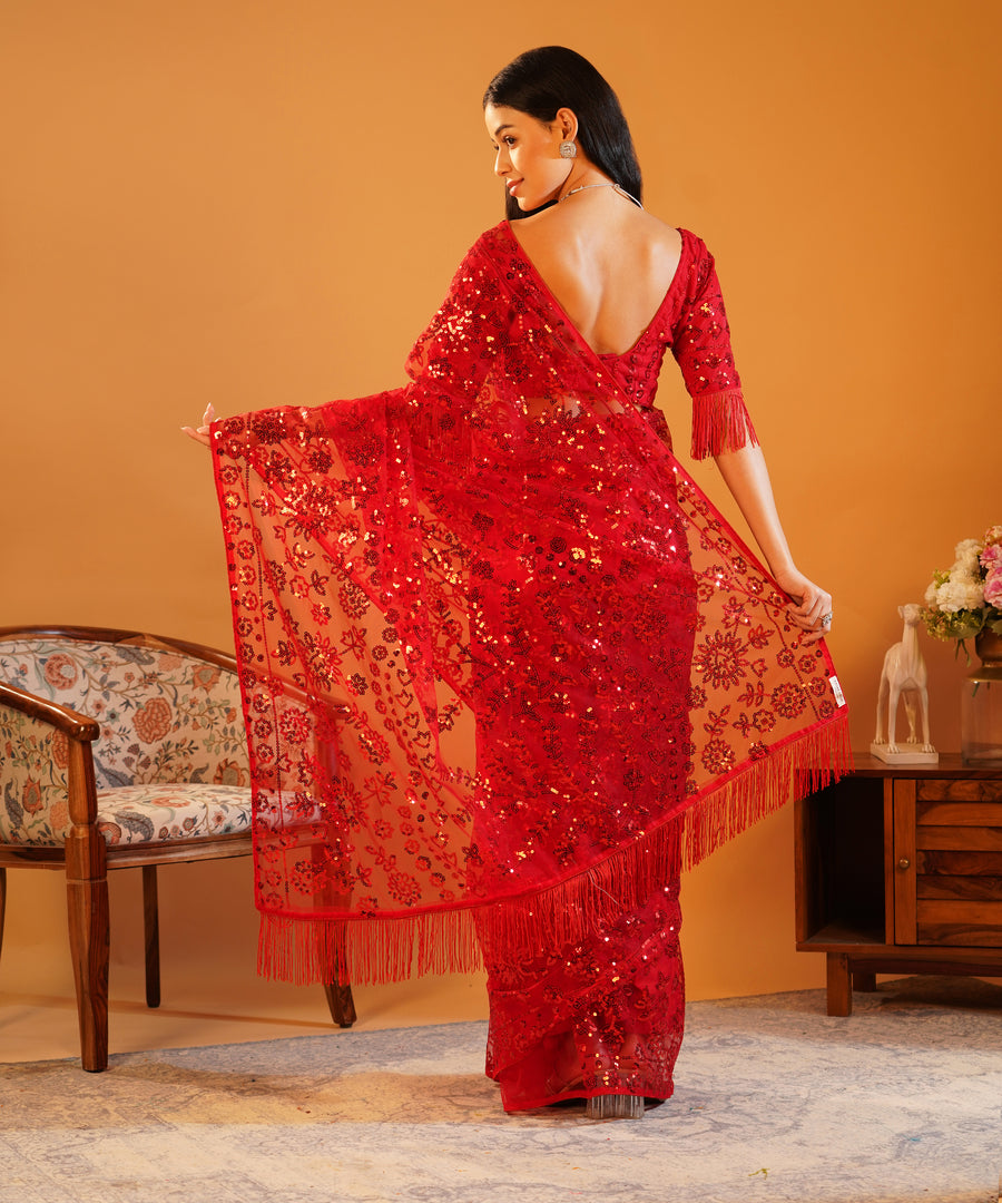 Scarlet Sparkle - Embroidered Net Saree