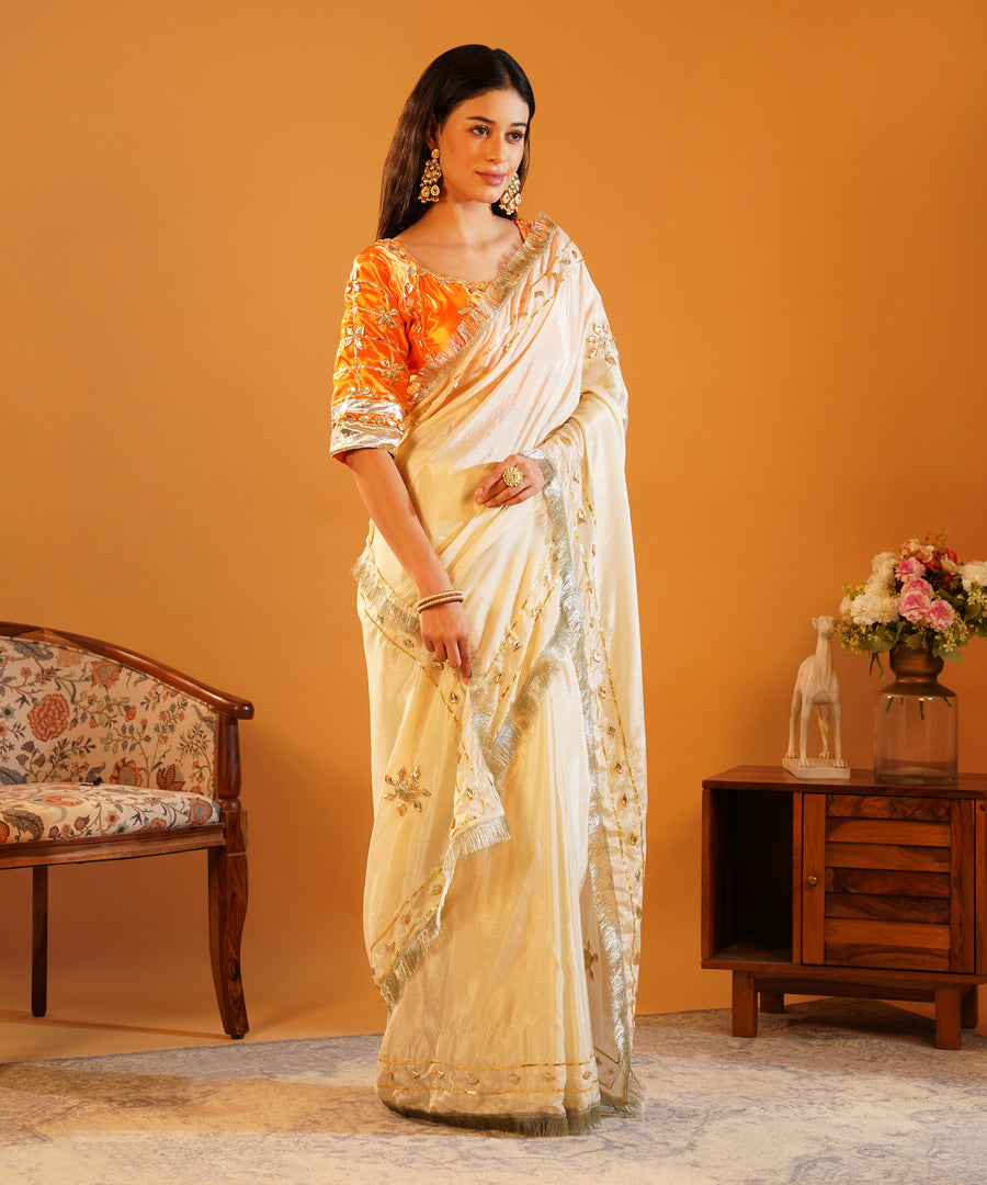 Rang-e-Aangi - Tangerine Orange Aangi Blouse & Ivory Chinon Gota Patti Saree