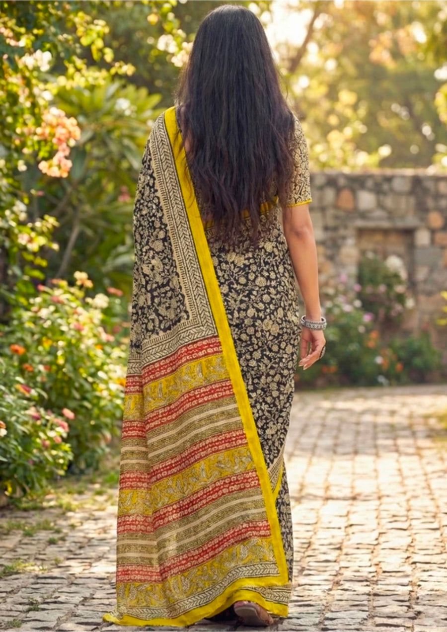 Surajmukhi - Black & Yellow Floral Cotton Drape