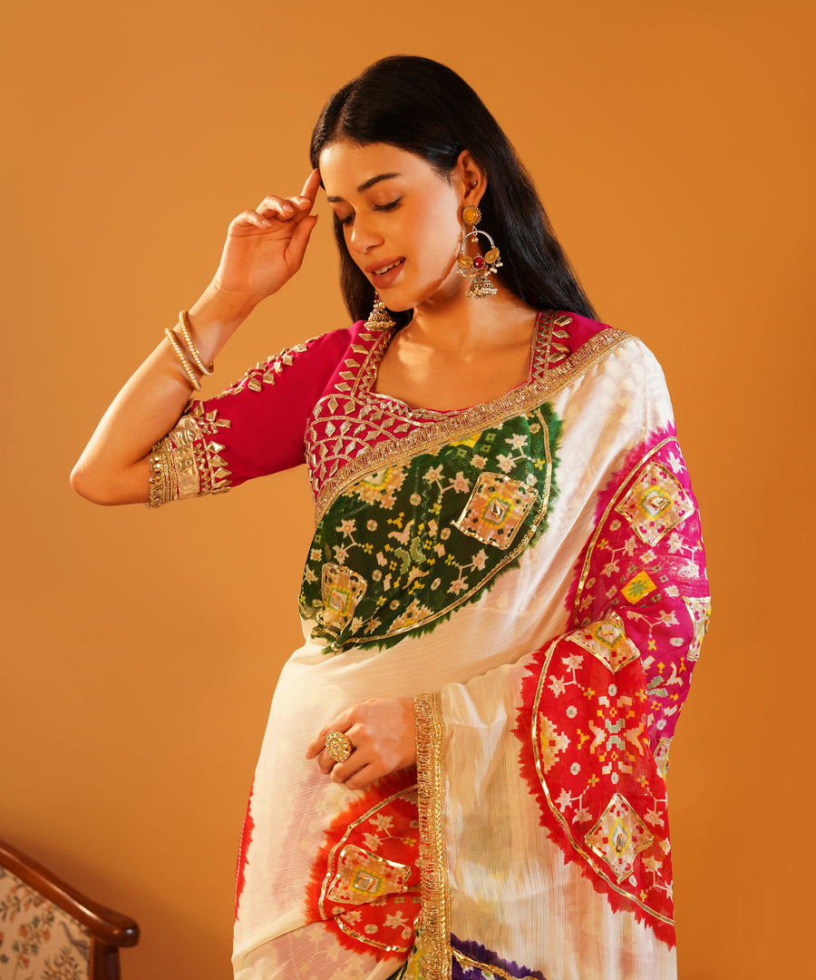 Baisa’s Grace - Heavy Aangi Blouse & Multicolour Chiffon Bandhani Saree