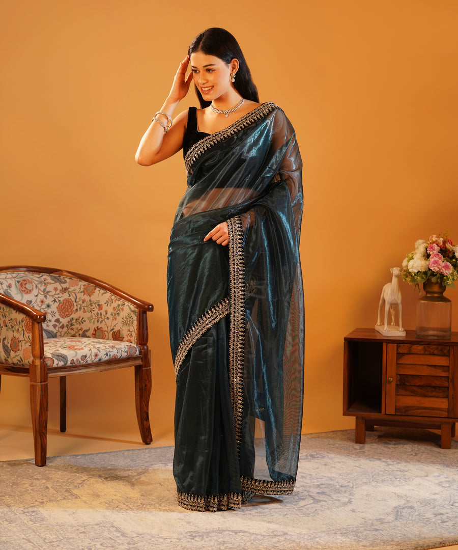Band Baaja & Bling - Soft Twill Net Saree with Jari Dori Sequins Embroidered Velvet Border