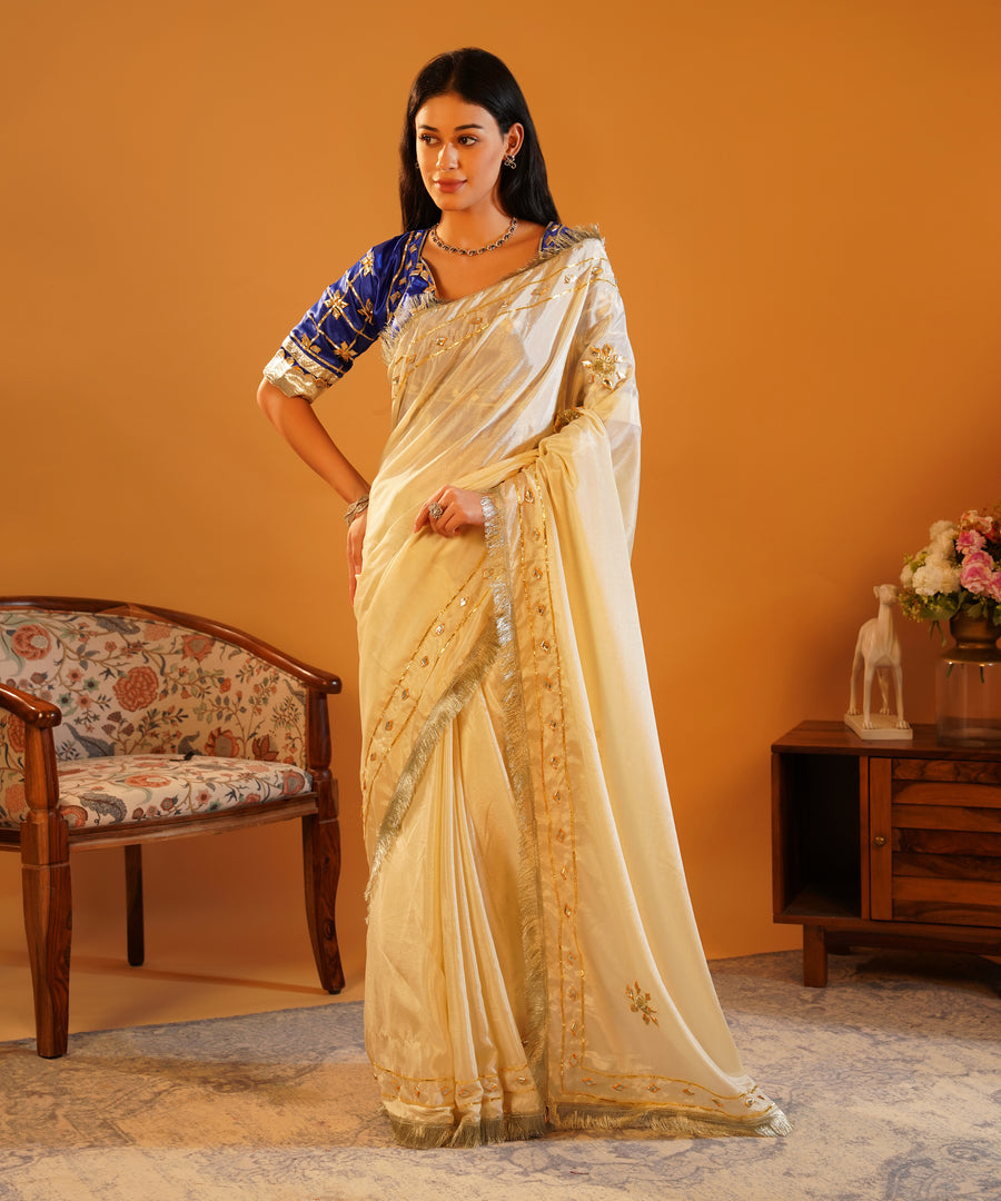 Rang-e-Aangi - Royal Blue Satin Aangi Blouse & Ivory Chinon Gota Patti Saree