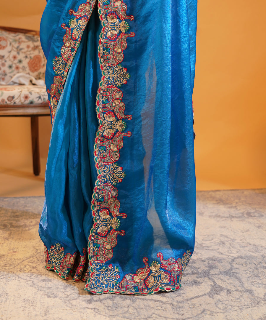 Mayur Pankh - Crushed Silk Saree with Contrast Embroidered Blouse