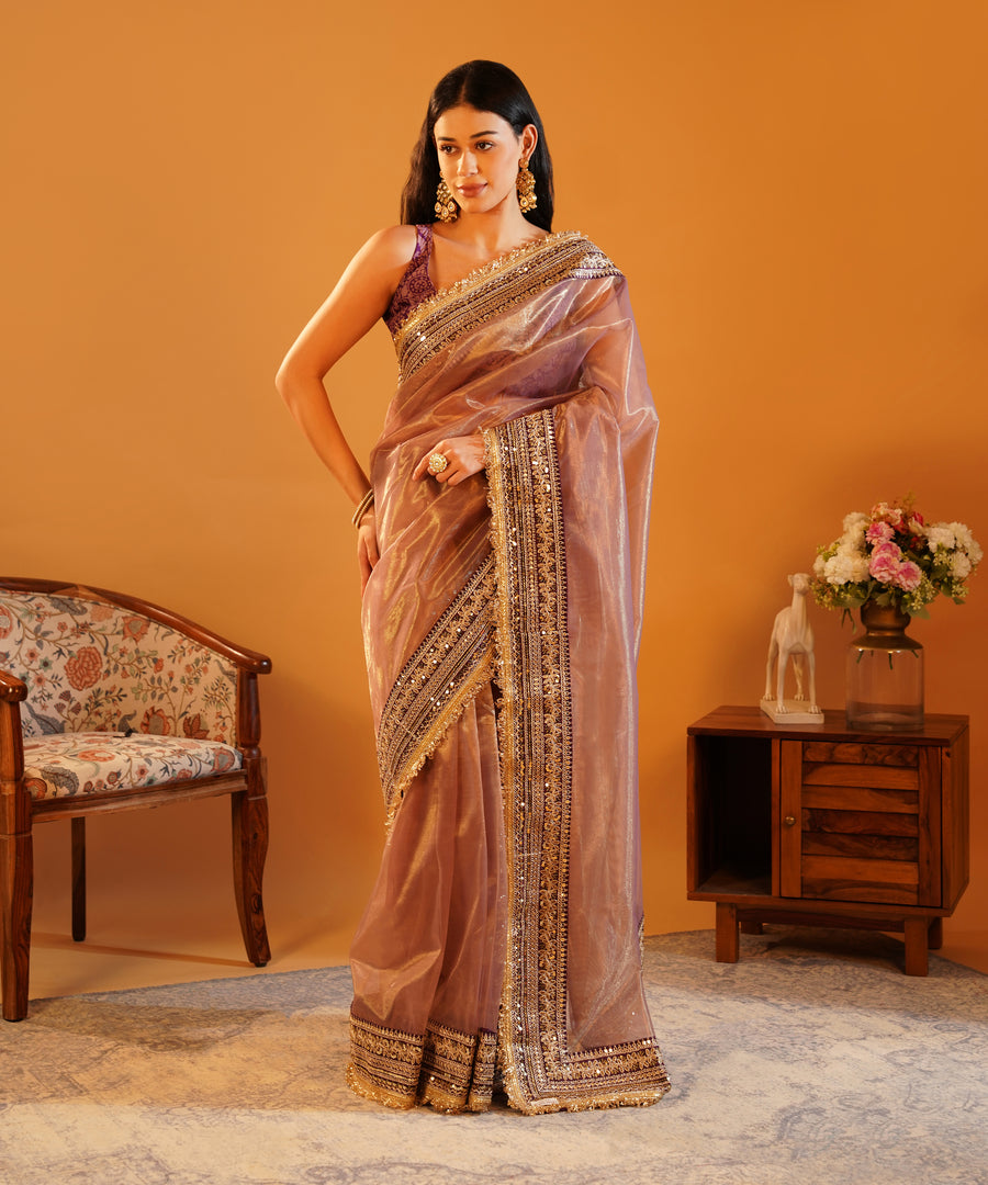 Baadshahi Mauve - Embroidered Twill Net Saree with Silk Jacquard Blouse
