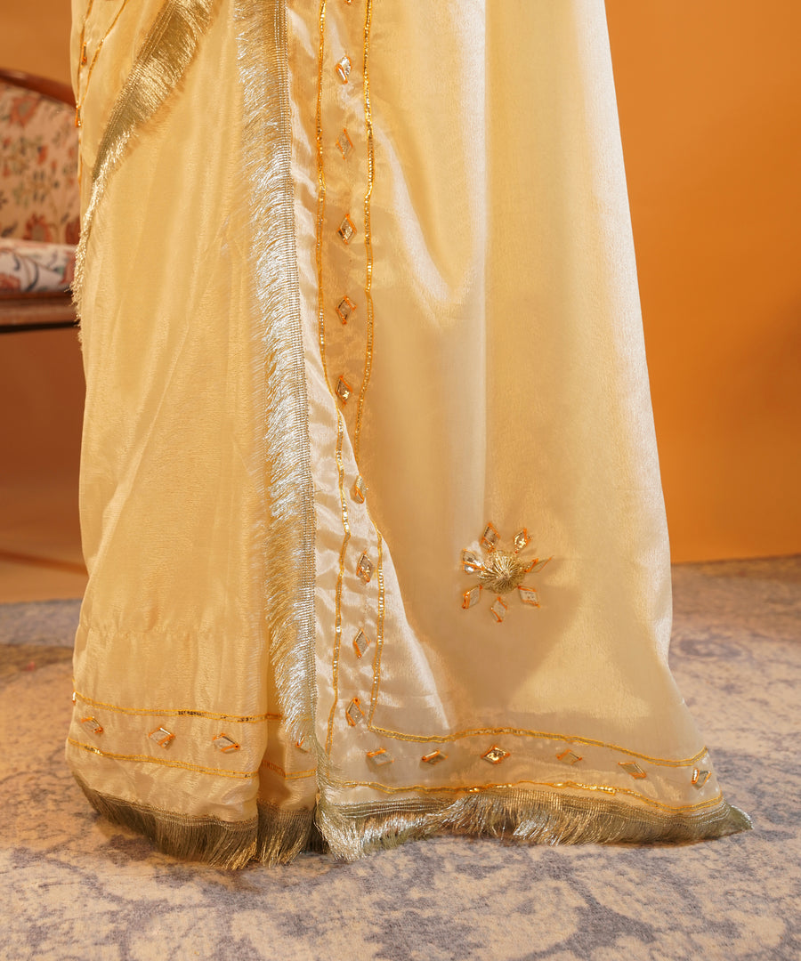 Rang-e-Aangi - Royal Blue Satin Aangi Blouse & Ivory Chinon Gota Patti Saree