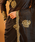 Midnight Black - Rangoli Crush Silk Saree with Gold Zari & Sequins Cutwork Border