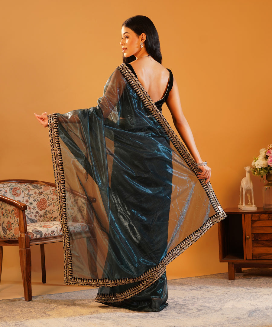 Band Baaja & Bling - Soft Twill Net Saree with Jari Dori Sequins Embroidered Velvet Border