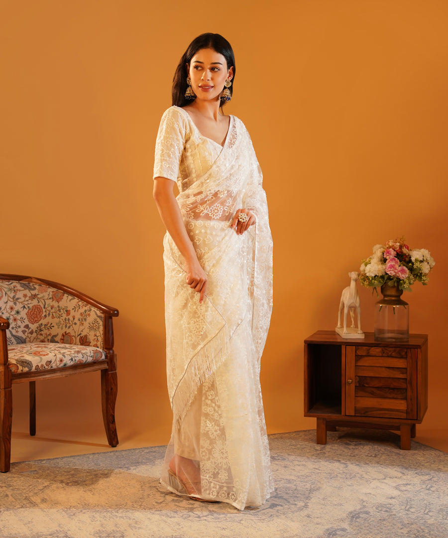 Snow Pearl - Embroidered Net Saree