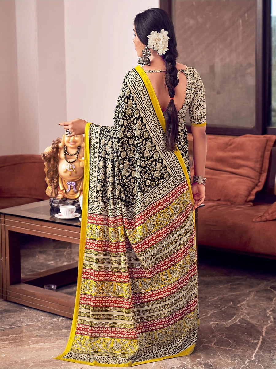 Surajmukhi - Black & Yellow Floral Cotton Drape