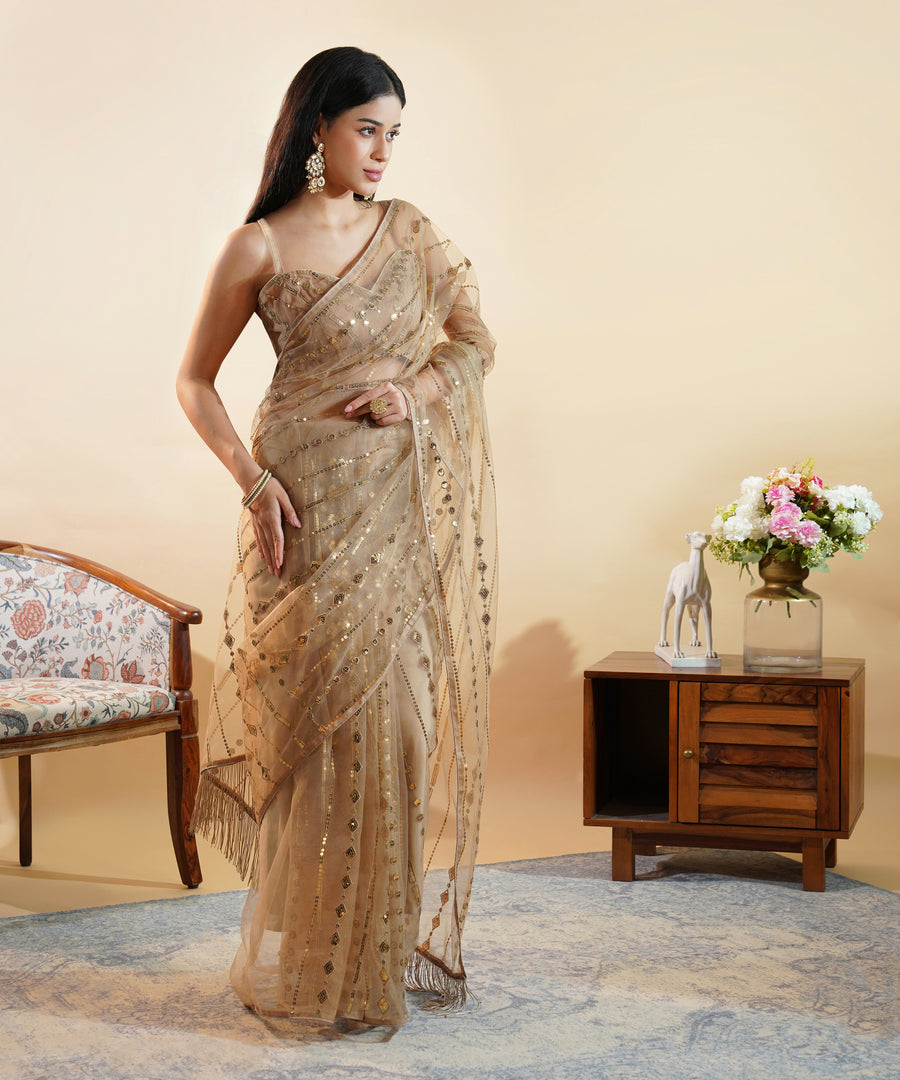 Champagne Gold - Sequins Embroidered Net Saree