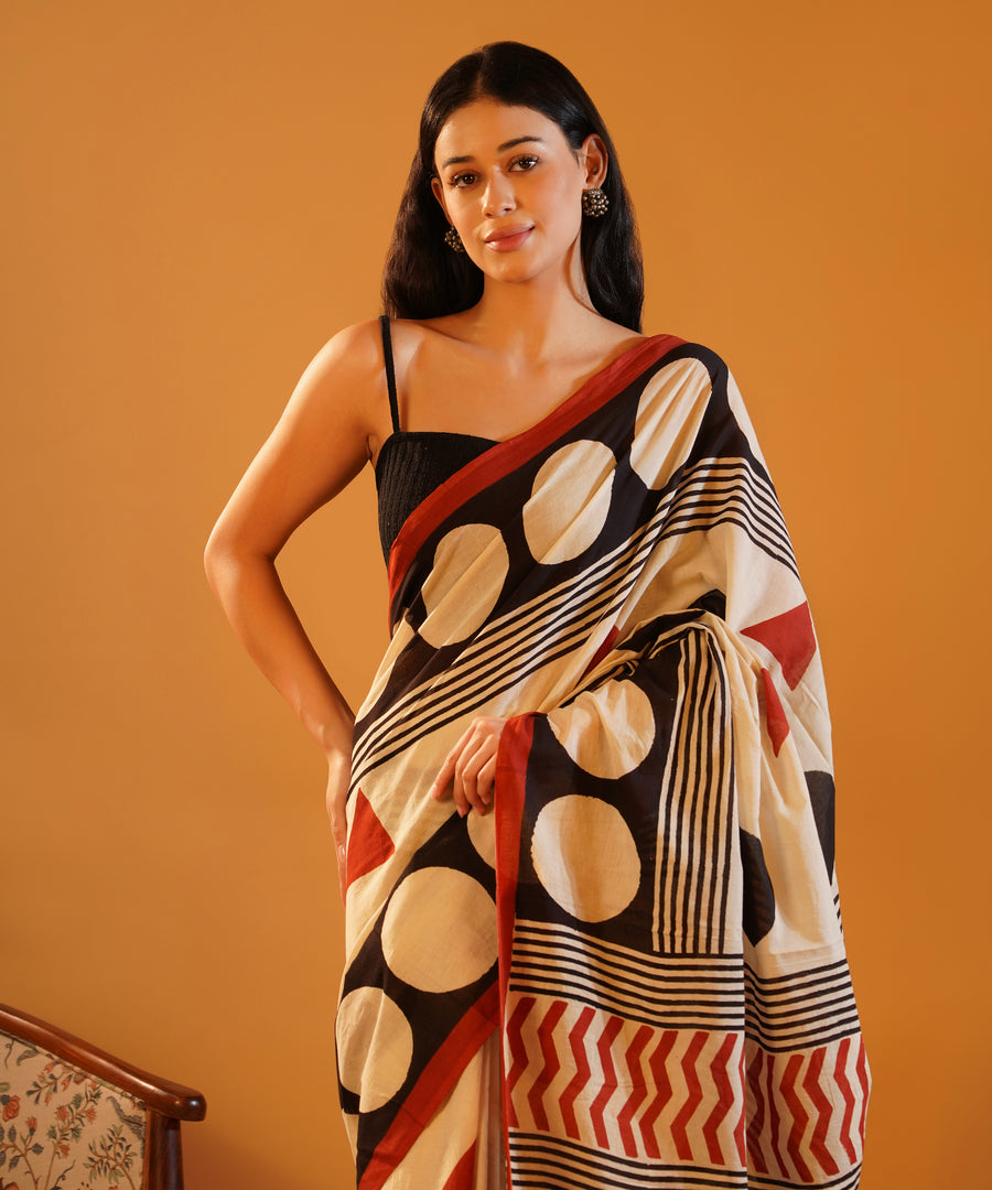 Rang Rekha - Hand Block Printed Mul Cotton Saree