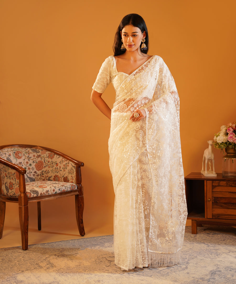 Snow Pearl - Embroidered Net Saree