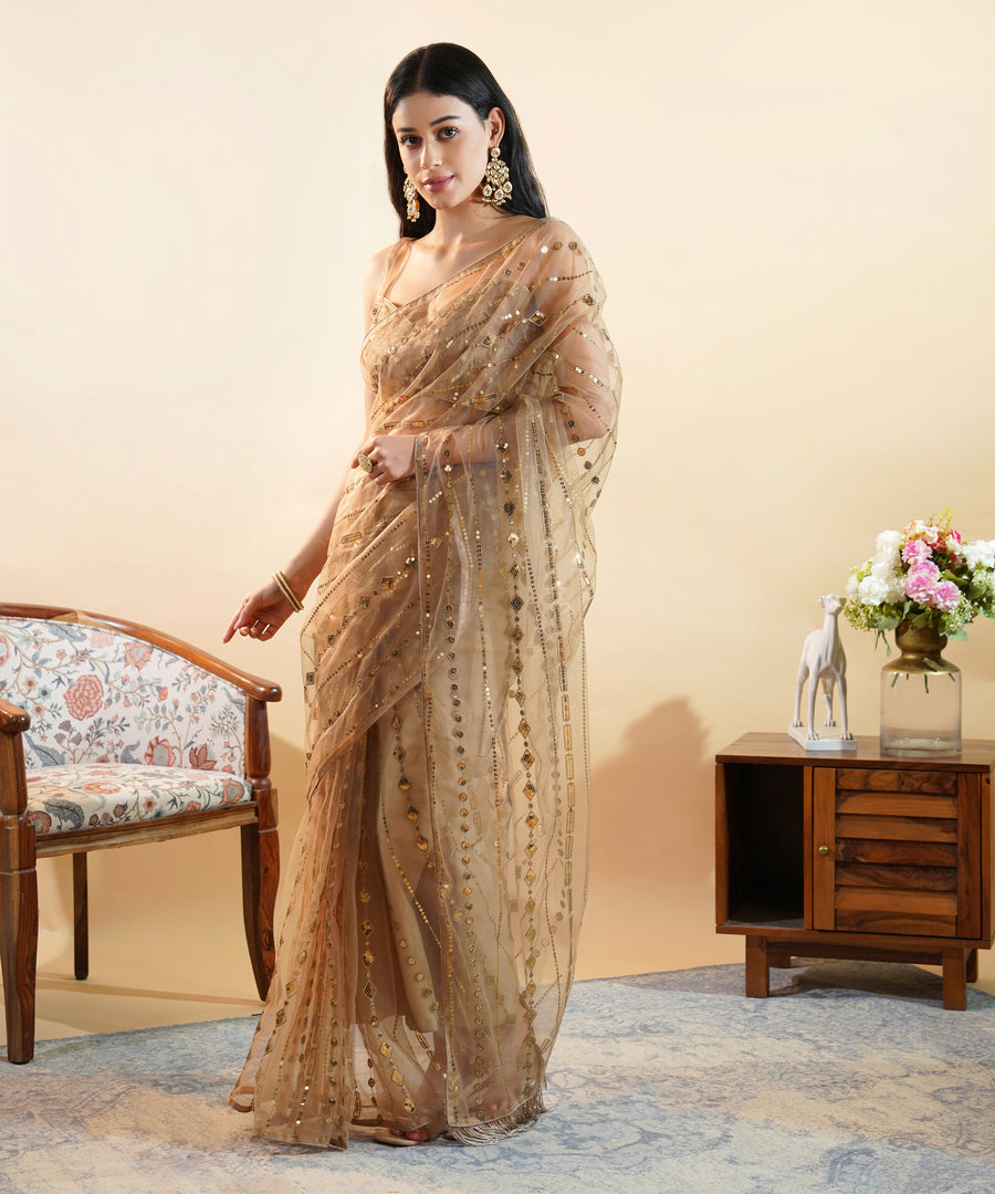 Champagne Gold - Sequins Embroidered Net Saree