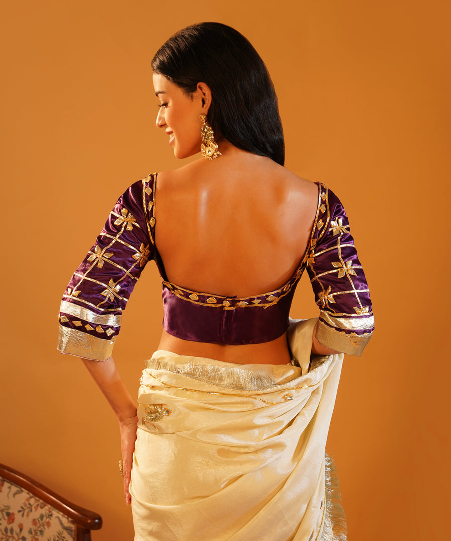 Rang-e-Aangi - Deep Violet Aangi Blouse & Ivory Chinon Gota Patti Saree