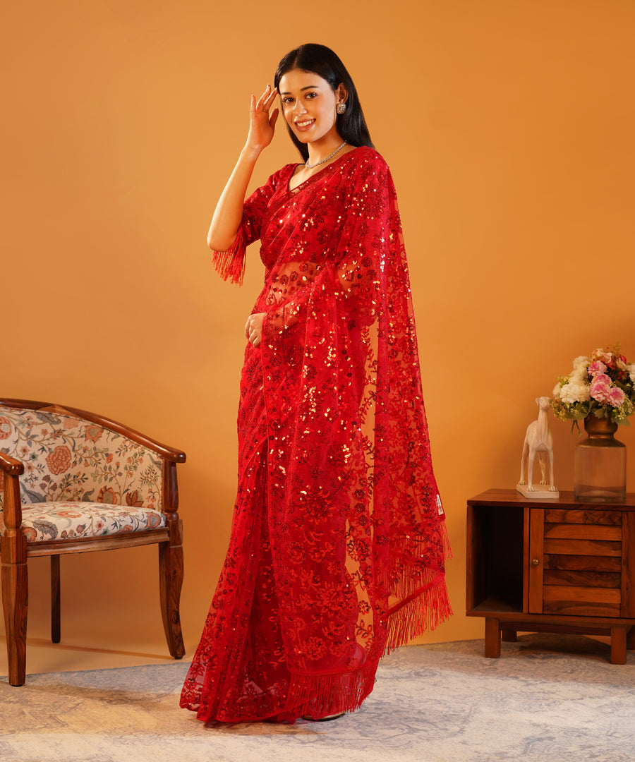 Scarlet Sparkle - Embroidered Net Saree
