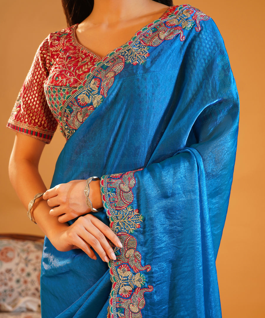 Mayur Pankh - Crushed Silk Saree with Contrast Embroidered Blouse