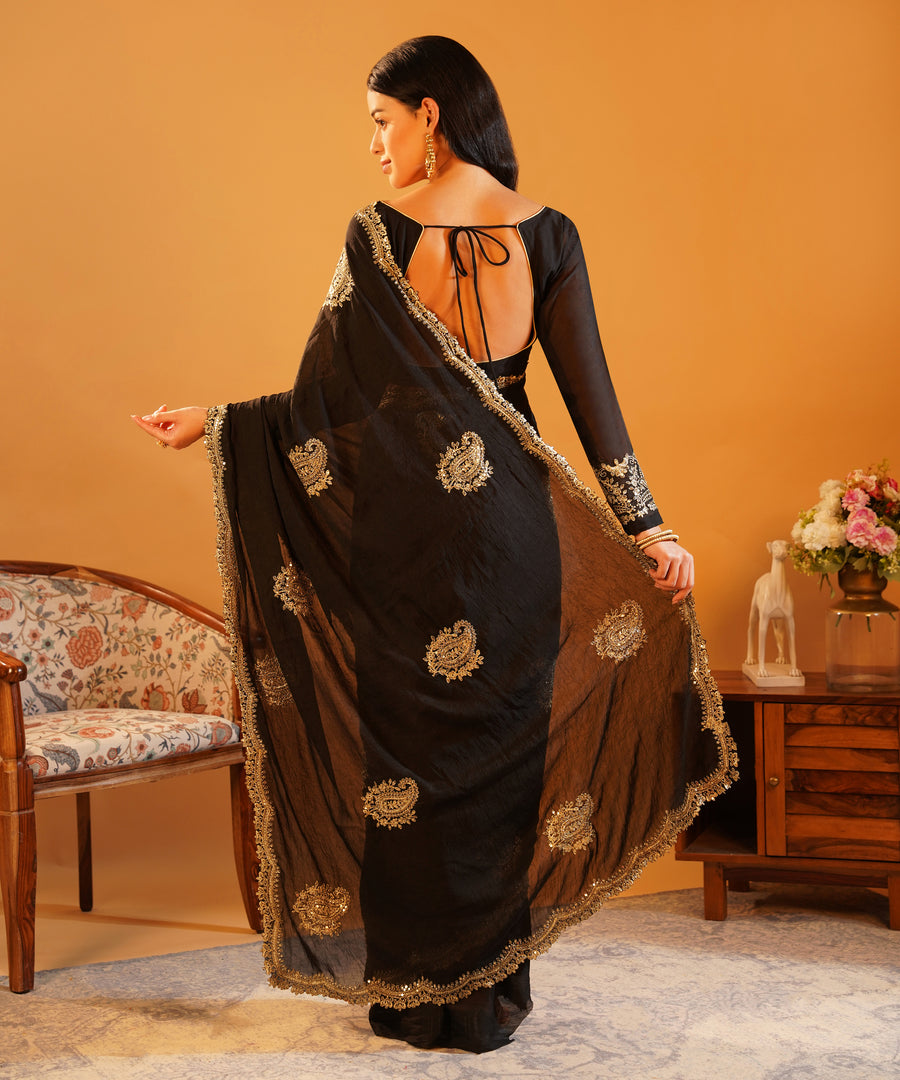 Midnight Black - Rangoli Crush Silk Saree with Gold Zari & Sequins Cutwork Border