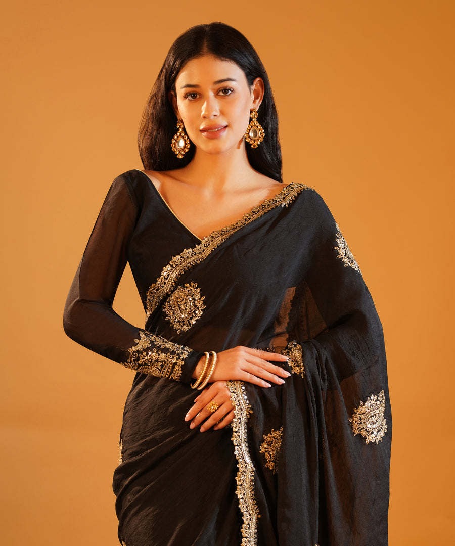 Midnight Black - Rangoli Crush Silk Saree with Gold Zari & Sequins Cutwork Border